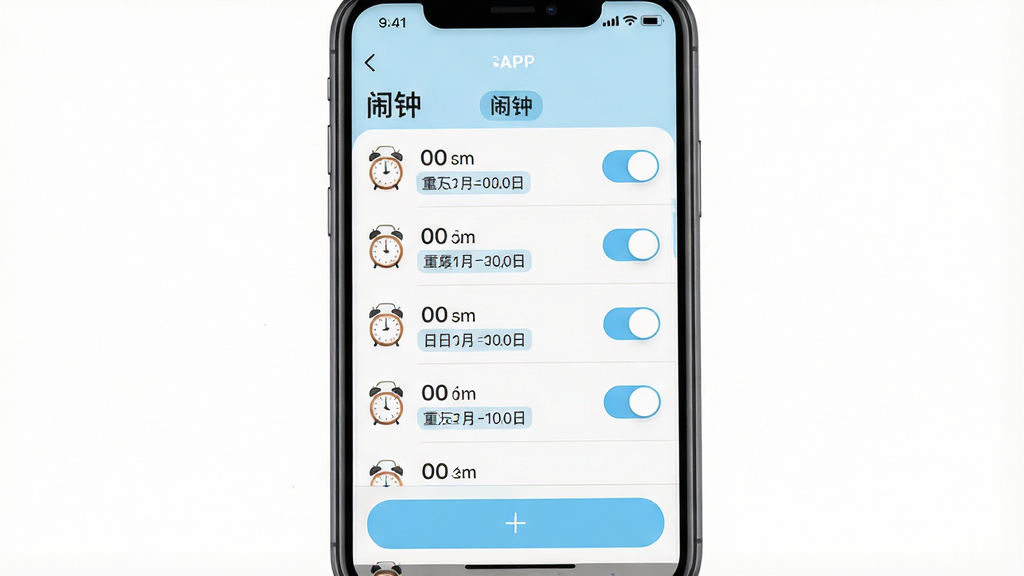 һ��չʾ������ʱ�ӡ�App�������ý�����ֻ���ͼ���������ֻ���Ļ��ʾ��������б���ÿ�������Ա��п��ذ�ť���ظ����ڱ�ǩ�������԰�ɫ��ǳ��ɫΪ���������С����ӡ����⣬�ײ������Ӱ�ť�������ˬ��࣬ͼ������ϸ�壬���ʸɾ��޶���Ԫ�أ�����Ϊ����ɫ�����������ʵApp��������Ч��