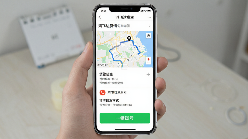 һ��չʾ��ɴ����APP���������벦�Ž����ͼƬ�������������ֻ���Ļ����Ļ����ʾ����ɴ��������������ҳ��������ͼ·�ߡ�������Ϣ��������ϵ��ʽ���ײ���һ����Ŀ����ɫ��һ�����š���ť������Ϊ��ɫ����ťͻ�������ֱ�����ã����ʸɾ����޶���Ԫ�ء�