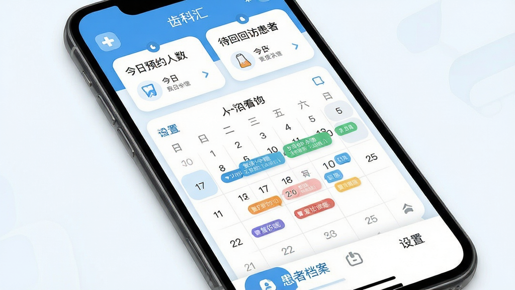 齿科汇 手机应用主界面展示 主体是一个智能手机屏幕 屏幕内显示牙科诊所管理软件的预约看板 布局上方是今日预约人数和待回访患者卡片 中间是日历视图标注不同颜色的复诊提醒 底部是患者档案和设置选项卡 排版清晰 风格是清爽的医疗蓝白配色 细节圆润 图标简洁 画质干净 无多余元素