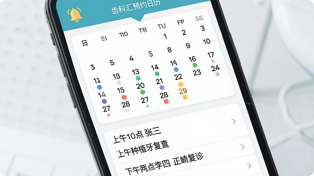 齿科汇 预约日历界面特写 主体是手机屏幕 屏幕中央是月历视图 每个日期下方有彩色小圆点代表预约类型 下方列表显示上午十点张三 种植牙复查 下午两点李四 正畸复诊 界面角落有一个小铃铛图标表示提醒已开启 风格是扁平化医疗风 画质清晰 文字标注明确
