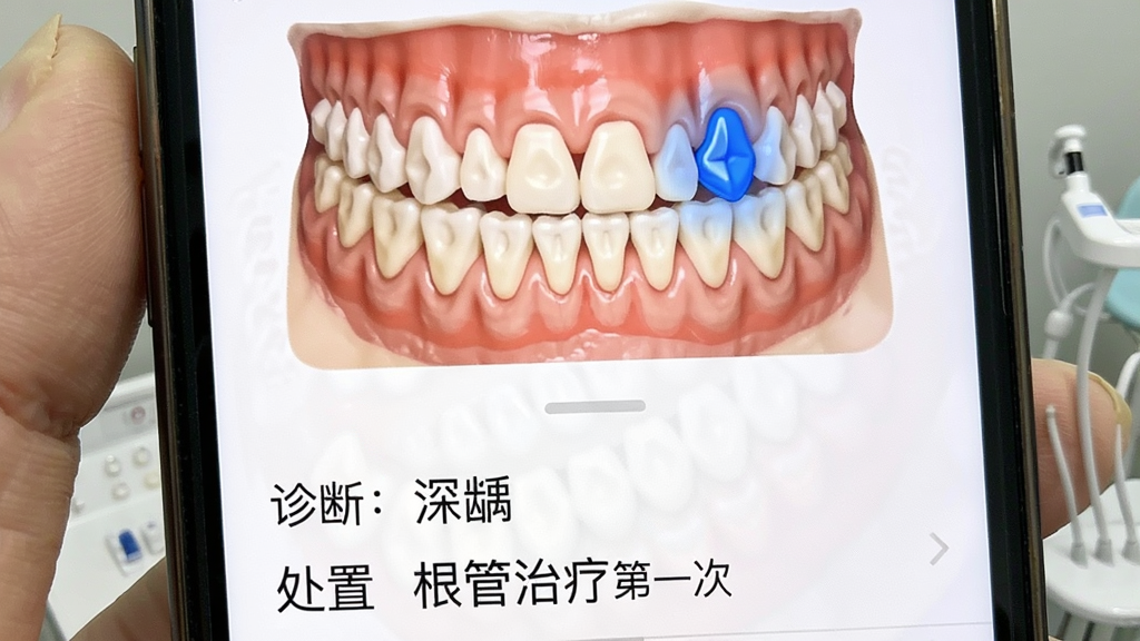 齿科汇 患者电子病历与牙位图界面 主体是手机屏幕 屏幕上半部分显示一副牙齿排列图 其中右上第一磨牙被高亮标记 下半部分显示文字记录 诊断 深龋 处置 根管治疗第一次 风格是专业医疗记录风格 布局清晰 画质干净 无杂乱元素