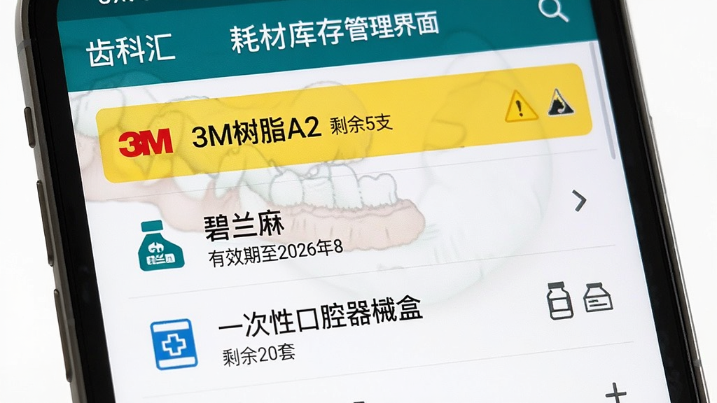 齿科汇 耗材库存管理界面 主体是手机屏幕 屏幕显示列表 第一行 3M树脂A2 剩余5支 黄色预警 第二行 碧兰麻 有效期至2026年8月 第三行 一次性口腔器械盒 剩余20套 风格是简洁的清单式布局 图标直观 画质清晰 无多余装饰