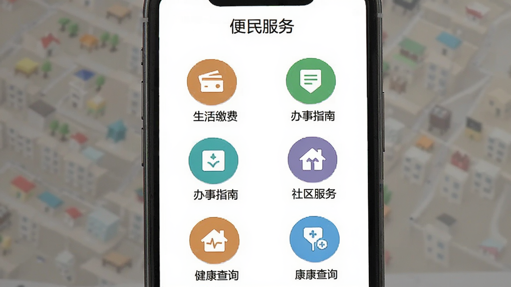 �������ر������ҳ��չʾ����������Ϊ�ֻ���Ļ����Ļ����ʾ���������ء�APP�ı�����񹬸�ҳ�棬ҳ�涥���С�������񡱱��⣬�м�Ϊ�����Ų���Բ��ͼ�꣬ͼ���·������ֱ�ǩ�硰����ɷѡ�������ָ�ϡ����������񡱡�������ѯ���ȣ�����Ϊ����������״�����Ϊ��ƽ��ͼ����ƣ�ϸ�ڼ�࣬�����������޶���Ԫ��
