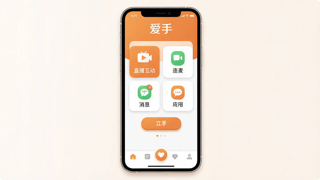 ����������һ�������ֻ���Ļ����Ļ����ʾ�š����֡�App�������棬������Ƽ�����죬��ů��ɫ�Ͱ�ɫΪ��ɫ���������С����֡�����logo���м��ǹ��ܿ�Ƭʽ���֣�չʾֱ��������������Ϣ֪ͨ��ͼ�꣬�·��еײ������������岼�ֲ��þ��й�ͼ���Ű������в�Ρ����Ϊ�ִ���ƽ��UI��ƣ�ϸ��Բ�󣬰�ť����΢ͶӰ�����ʸɾ����޶���Ԫ�ء�