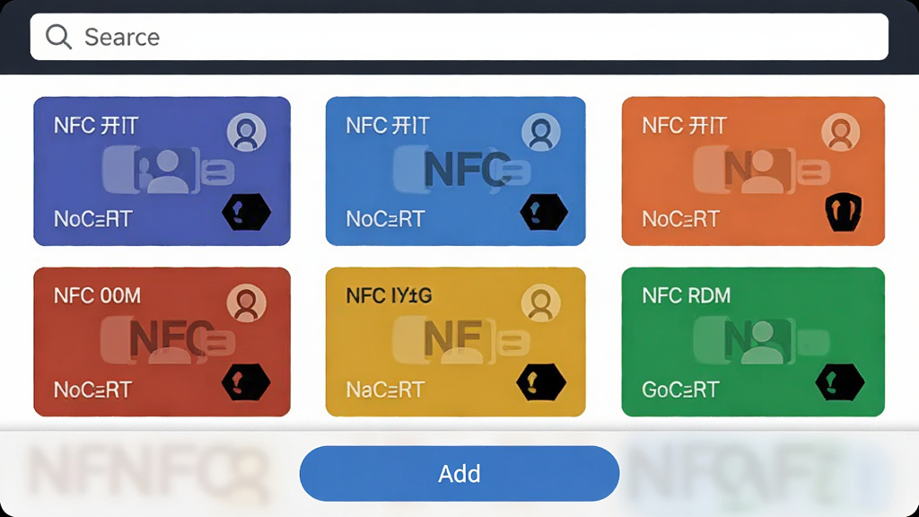 NFC开门多卡管理界面,列表展示五张不同颜色的门禁卡,每张卡有自定义名称和图标,顶部有搜索栏,底部有添加按钮,布局清晰,风格现代扁平,画质干净,文字清晰