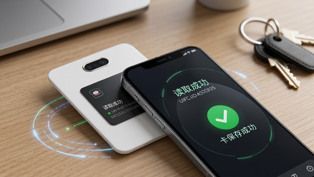 NFC开门功能展示图,一部手机背面紧贴着一张白色门禁卡,手机屏幕显示“读取成功”和卡片UID信息,旁边有虚拟卡保存成功的对勾图标,背景是办公桌和钥匙串,风格写实科技感,画质干净,主体突出
