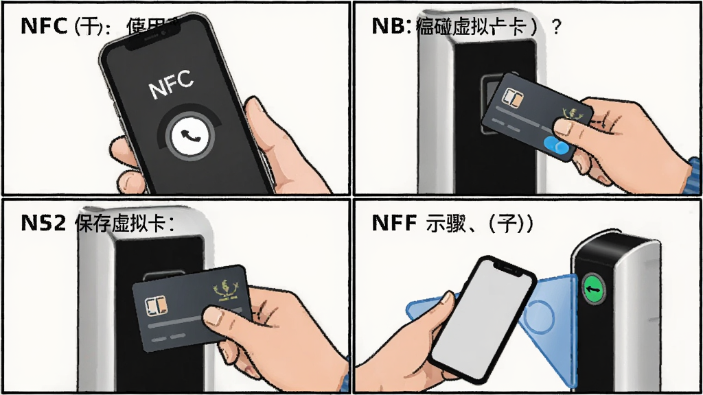 NFC开门使用步骤示意图,四格漫画风格,第一格手机打开NFC开关,第二格贴卡读取,第三格保存虚拟卡,第四格手机碰闸机开门,画面简洁,说明文字清晰,画质干净