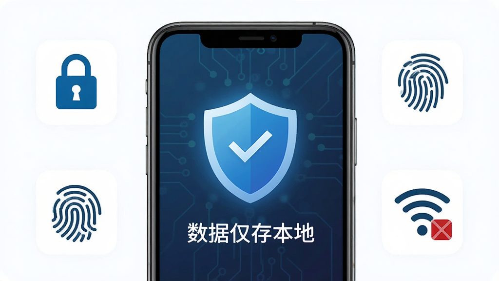 NFC开门隐私安全示意图,手机屏幕显示盾牌图标和“数据仅存本地”字样,周围有锁、指纹、WiFi关闭等图标,风格科技安全,画质干净,无多余元素