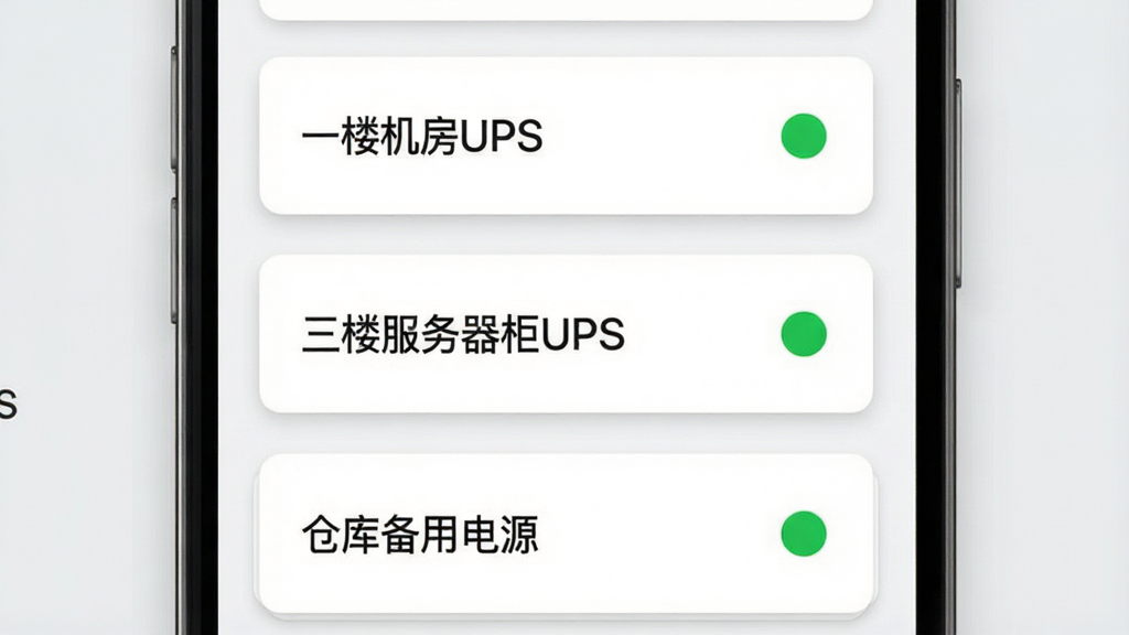 UPS�ƹ������豸��������չʾ���������ֻ���Ļ��ʾ�豸�б�ҳ�棬�б����ж���豸��Ƭ�ֱ��ע��һ¥����UPS��������¥��������UPS�������ֿⱸ�õ�Դ����ÿ����Ƭ�Ҳ�����ɫ����״̬Բ�㣬����Ϊ�����б����Ű����룬���Ϊ��Լ��Ƭʽ��ƣ�ϸ���Ͽ�Ƭ����΢Բ�Ǻ���Ӱ������Ϊǳ��ɫ�����ʸ��壬�ɾ����޶���Ԫ��