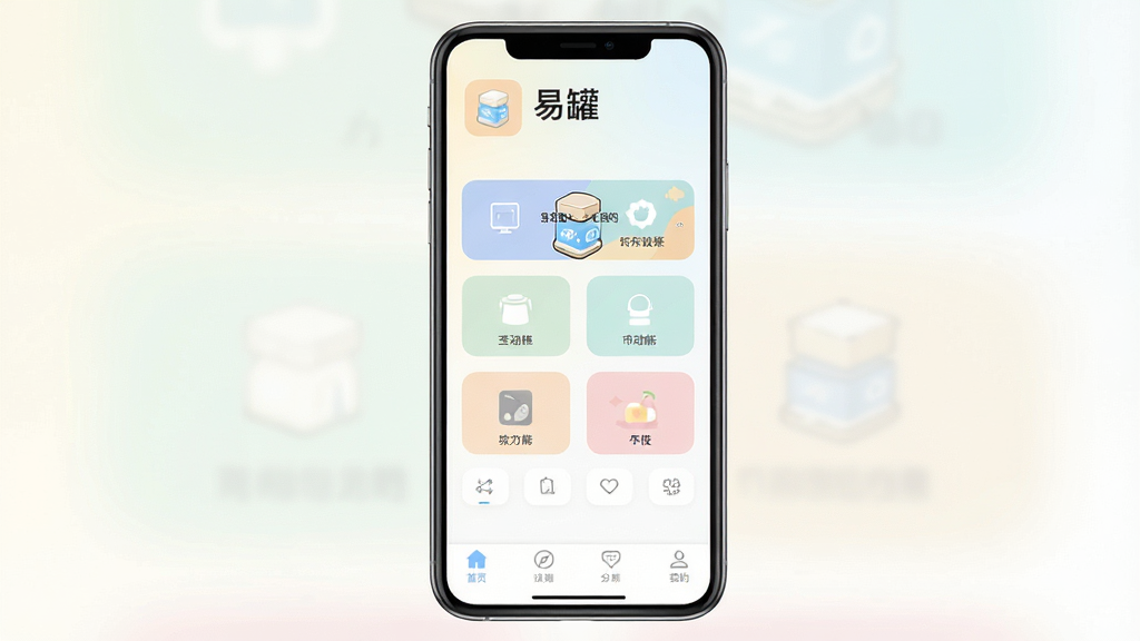 һ���ֻ�Ӧ�ý����ͼ�����������ǡ��׹ޡ�App����ҳ������Ϊǳɫ���䣬�����С��׹ޡ�������ͼ�꣬�м�����չʾ���Ĺ��ܰ�ť���ײ����������������������ִ���UI��Ʊ�ƽ����ɫ����ͣ����������ɶ������ʸɾ��޶���Ԫ��
