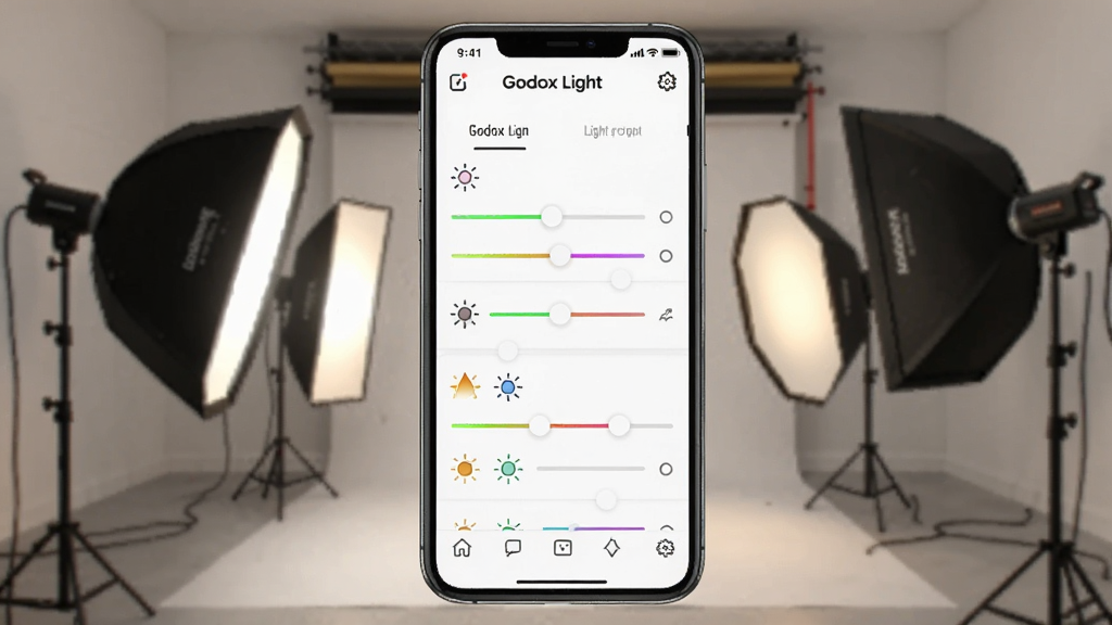 һ��չʾGodox Light��Ʒ�����ƹ��ܵ�ͼƬ��������һ���ֻ���Ļ��ʾGodox LightӦ�ý��棬�������ж���ƹ�����ǩ��ÿ����ж��������Ȼ����ɫ�µ���������������Ӱ���ڶ�յ��ͬ���Ⱥ�ɫ�µĵƹ⣬�������ִ�רҵ�����ʸɾ������޶���Ԫ��