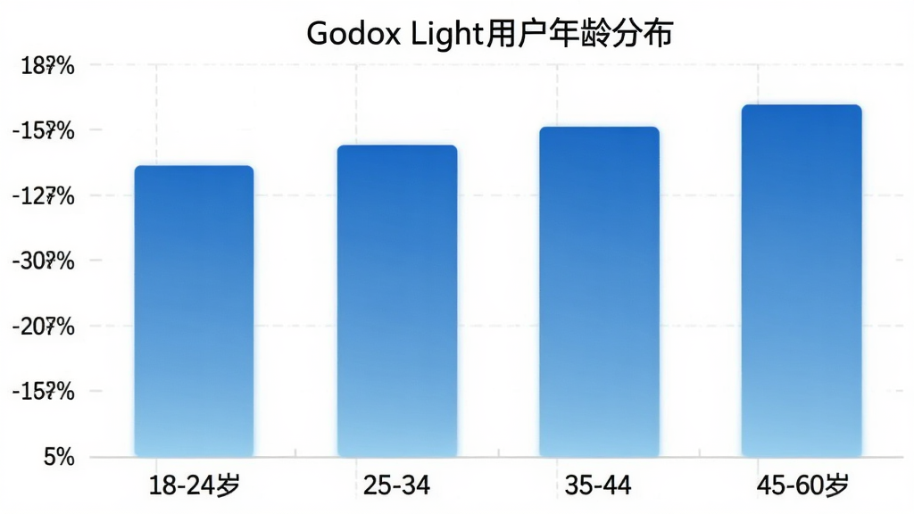һ��չʾGodox Light�û�����ֲ�����״ͼ������Ϊ�����18-24�ꡢ25-34�ꡢ35-44�ꡢ45-60�꣬����Ϊ�û�ռ�Ȱٷֱȣ���״ͼ��ɫΪ��ɫ���䣬ͼ������ΪGodox Light�û�����ֲ��������������������ʸɾ��޶���Ԫ��