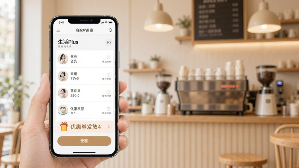 ����Plus�̼һ�Ա�������棬�ֻ���Ļ��ʾ��Ա�б����Ż�ȯ���Ű�ť����������ܰ�Ŀ��ȹݻ�����ǳɫ��������Լ�����ʸɾ���