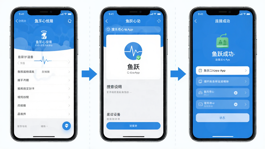 һ��չʾ��Ծ�ĵ�App�����豸���������ʾ��ͼ�������Ϊ�������֣�������ֻ��������ý��棬�м�����Ծ�ĵ�App�����豸���棬�ұ������ӳɹ����״̬���棬ÿ�����涼�м�ͷָʾ����˳�򣬷�������ˣ�������ɫ������������