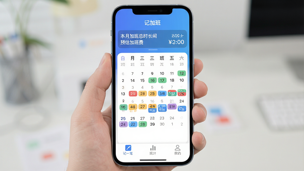 手机屏幕中央展示“记加班”应用主界面,蓝色渐变背景,顶部显示本月加班总时长和预估加班费,中间是日历视图标注了不同颜色的班次标记,底部有“记一笔”“统计”“我的”三个选项卡,整体布局干净清爽,风格扁平化设计,细节圆润,画质清晰无多余元素