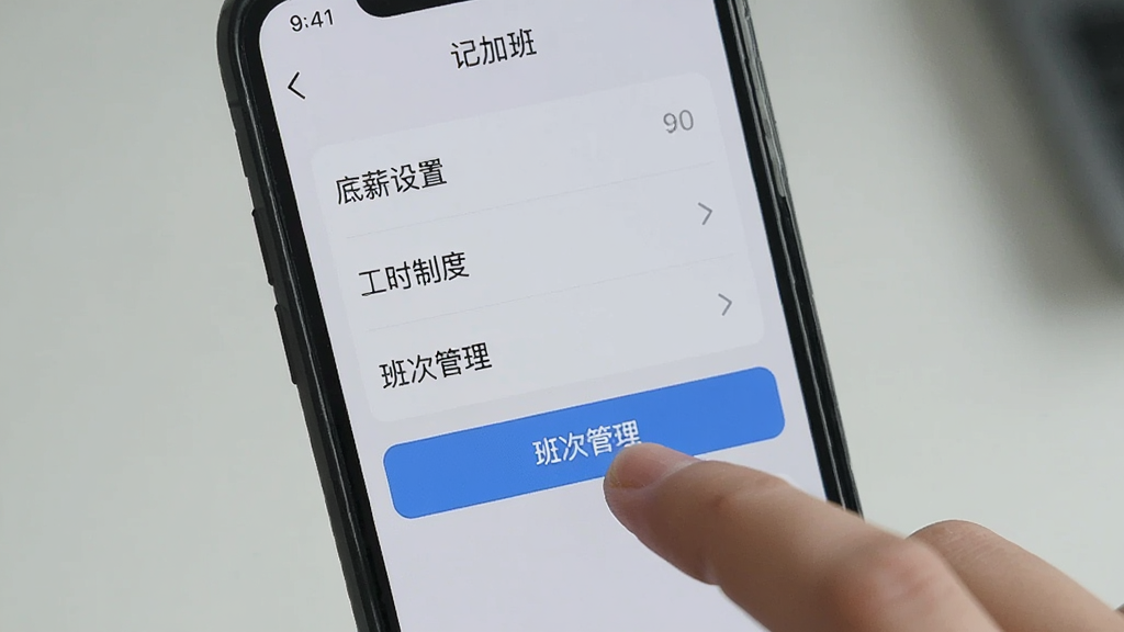 手机屏幕上显示“记加班”应用的设置页面,页面中有“底薪设置”“工时制度”“班次管理”等选项,一只手正在点击“班次管理”按钮,背景是浅灰色界面,风格简洁明了,画质清晰无多余装饰