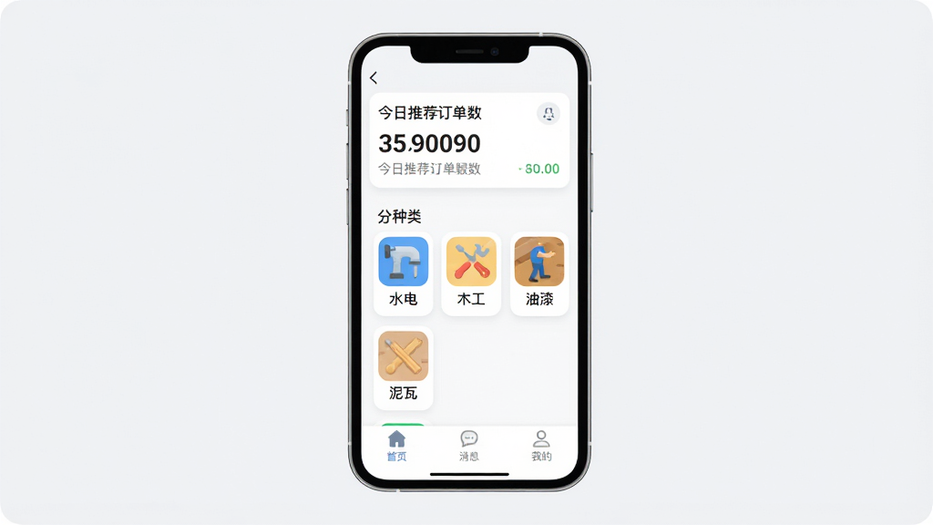 ��ʦ������APP������չʾ���ֻ���Ļ���У�������ʾ�����Ƽ������������м��Ƿ��������Ĺ��������ˮ�硢ľ�������ᡢ���ߣ��ײ�������Ϊ��ҳ����Ϣ���ҵģ�����Ϊ�ɾ���ǳ�Ұ���ɫ������ִ���ƽ��ͼ��Բ�����������ʸɾ��޶���Ԫ��