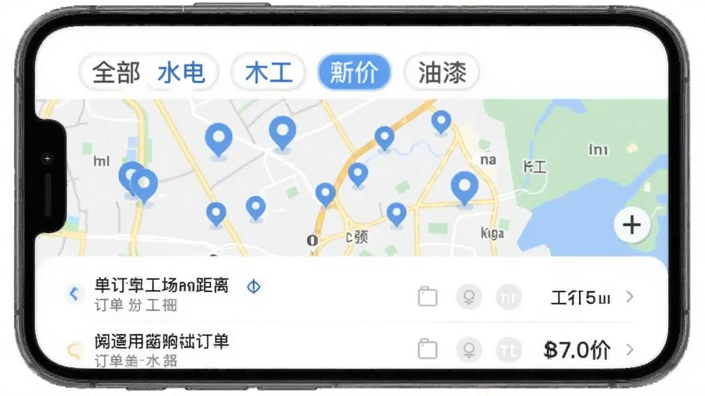��ʦ������APP�����������ͽ��棬�ֻ���Ļ��ʾ��ͼ�Ͷ����б�����ͼ���ж����ɫ��λ������������أ��·��б�չʾ�������⡢���롢���ۣ����������ǩΪȫ����ˮ�硢ľ�������ᣬ�����ֱ�ۣ����ʸɾ��޶���Ԫ��