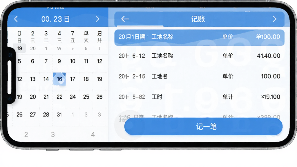 ��ʦ������APP�ǹ�����棬�ֻ���Ļ��ʾ������ͼ�ͼ����б���ÿ����¼�������ڡ��������ơ���ʱ�����ۺͺϼƽ��ײ��С���һ�ʡ���ť����������������ɫ����ɫ�Ͱ�ɫΪ�������ʸɾ��޶���Ԫ��