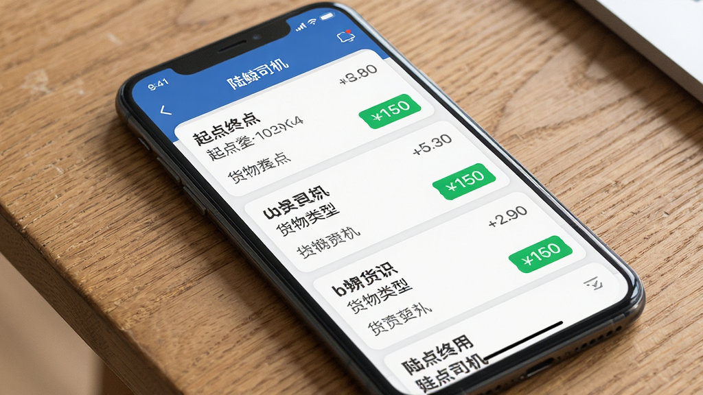 ����������һ�������ֻ���д����Ļ����ʾ��½��˾����APP�Ļ�Դ�б�ҳ�棬�б����ж���������Ϣ��Ƭ����������յ㡢�������ͺͼ۸��ǩ������Ϊ�ֻ����з�����ľ�����棬�Ű��࣬����ִ���ƽ��UI��ƣ�ϸ�ڰ������������ֱ�ǩ����ɫ�۸���������ʸ���ɾ����޶���Ԫ�ء�