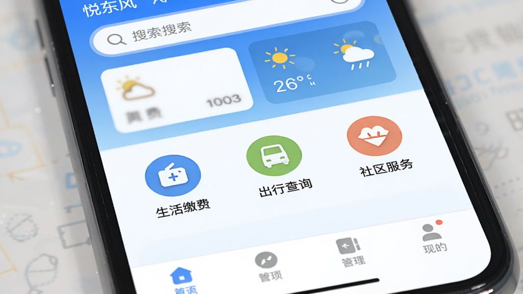 �ֻ���Ļ��д��չʾ���ö��硱APP�����棬��������������������Ƭ���в�����������ɷѡ����в�ѯ�����������Բ��ͼ�꣬�ײ�Ϊ������������������׽�����ɫ������ɾ��޹�棬��ƽ����Ʒ�񣬻����������޶���Ԫ��