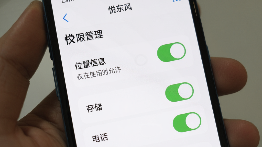 �ֻ���Ļ��ʾ���ö��硱APP��Ȩ�޹���ҳ�棬���С�λ����Ϣ��Ȩ�ޱ�����Ϊ������ʹ��ʱ�������������·��С��洢���͡��绰��Ȩ��ѡ�����Ϊ��ɫ��������������ť���Բ�󣬻��ʸɾ��޶���Ԫ��