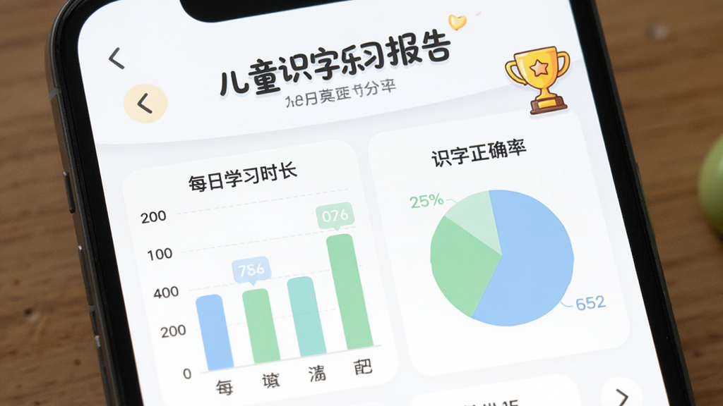 ��ͯʶ����԰��ѧϰ����ҳ�棬�ֻ���Ļ��ʾ����״ͼ�ͱ�ͼ���ֱ����ÿ��ѧϰʱ����ʶ����ȷ�ʣ�ͼ����ɫ����͵���ɫ����ɫ���Ա��п�ͨС����ͼ�꣬�����Ǽ��İ�ɫ��������������ݿ��ӻ��磬ϸ�����������������ʸɾ����޶���Ԫ��