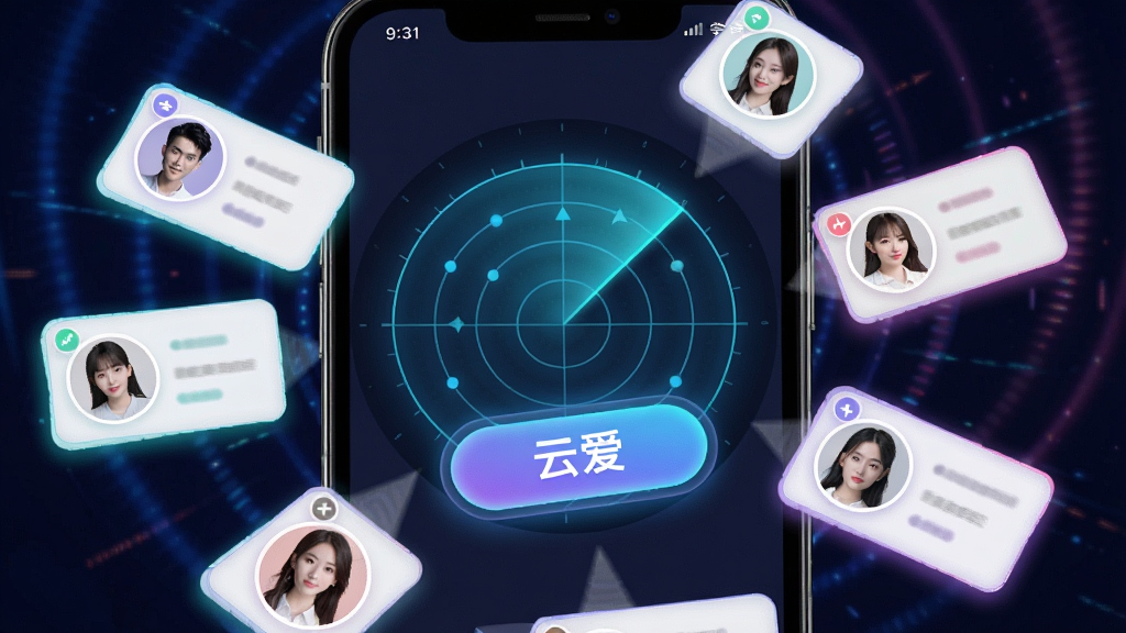 һ��չʾ���ư���App����ƥ�����칦�ܵ�ͼƬ���������ֻ���Ļ��д����Ļ������һ��������״�ɨ�趯��Ч������Χɢ���ż����û�ͷ��Ƭ�����ֲ��÷���״��ͼ���Ű�ͻ������ƥ�䰴ť�����Ϊ�����ſ�Ƽ��磬ϸ����ͷ��Ƭ����΢����ߣ����ʸɾ��������޶���Ԫ��