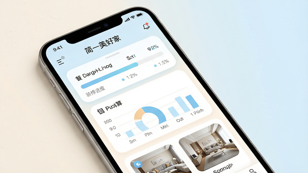 һ��չʾ����һ���üҡ�App���Ľ����ͼƬ��������һ�������ֻ����������ֻ���Ļ����ʾApp��ҳ������װ�޽�������Ԥ��ͼ��������ͼ����ڵ�ģ�飬�Ű�����������ִ���Լ��ϸ����ͼ��Բ��ɫ����ů�׺�ǳ��Ϊ�������ʸ��壬�ɾ����޶���Ԫ��