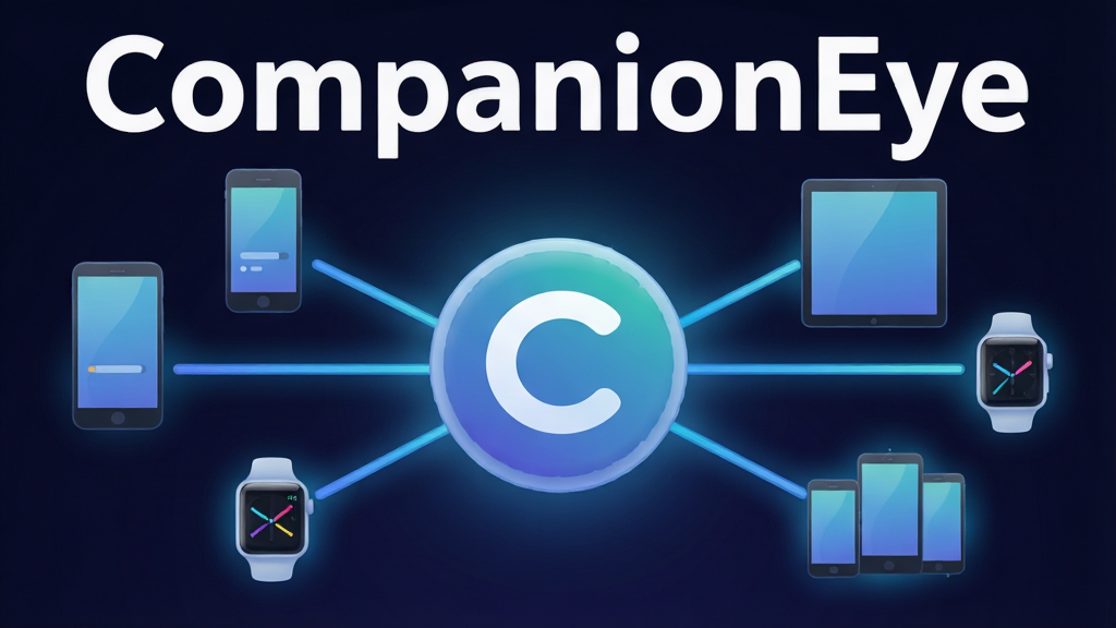 һ��չʾCompanionEye���������ȫ��ͼ������������CompanionEye��Բ��ͼ�꣬��Χ�������ֻ���ƽ�塢�����ֱ����豸ͨ����������������һ��ĿƼ��г��������ֲ������ķ���ʽ�Ű棬���Ϊ�ִ���ƽ����ƣ�ϸ�����豸ͼ��Բ���й��������������ֽ�����ɫ��Ч�����ʸɾ��������޶���Ԫ�أ�ͼƬ�Ϸ��ð�ɫ������д��