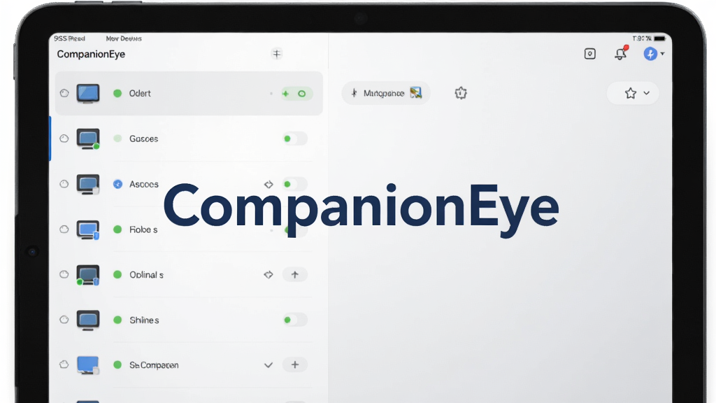 һ��չʾCompanionEye���豸���������ͼƬ������������CompanionEye������ƽ������ϵĽ����ͼ������Ϊ����豸�б����Ҳ������壬������ִ���ϸ����ÿ���豸ͼ���Ա߶�����ɫ����״ָ̬ʾ�ƣ�������ǳ��ɫ���䣬���ʸɾ��������޶���Ԫ�أ�ͼƬ����������ɫ����д��