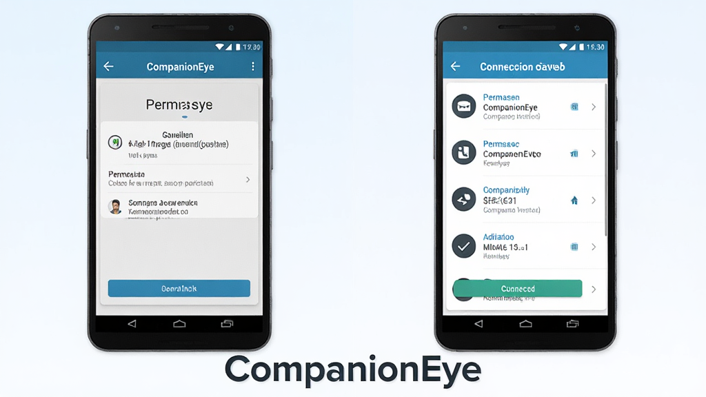 һ��չʾCompanionEye���ֻ��ϲ��������ʾ��ͼ������������һ����׿�ֻ���Ļ����Ļ����ʾCompanionEye��Ȩ�����ý�������ӳɹ����棬����Ϊ���ҶԱ��Ű棬�����Ȩ��������棬�Ҳ������ӳɹ�����豸�б������Ϊ�ֻ�UI��ͼչʾ�磬ϸ���Ͻ���Ԫ�������ɱ棬����Ϊǳɫ���䣬���ʸɾ��������޶���Ԫ�أ�ͼƬ�ײ�����ɫ�����ע