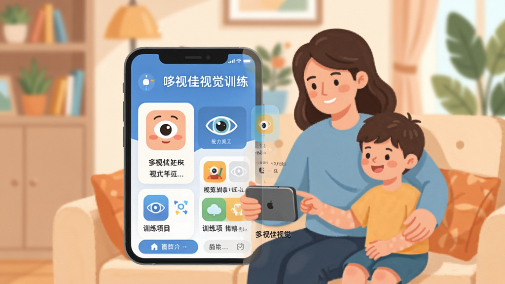 һ��չʾ���Ӽ��Ӿ�ѵ��APP���Ľ����ͼƬ�������������ֻ���Ļ����Ļ����ʾ���Ӽ��Ӿ�ѵ������ҳ��������������ں�ѵ����Ŀͼ�꣬��������ܰ�ļҾӻ�����һλ�ҳ��ͺ�������ɳ����һ���ֻ�������ɫ��������ͣ����ּ������������Ǳ�ƽ���廭�磬ϸ����Ҫ����APP��ͼ������ֱ�ʶ�����ʸɾ����壬�޶�������Ԫ��