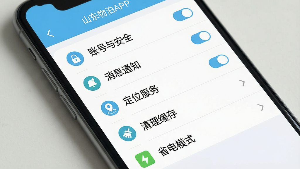 һ��չʾɽ���ﲴAPP���ý����ͼƬ�������������ֻ���Ļ����Ļ����ʾ���ò˵��б����������˺��밲ȫ��������Ϣ֪ͨ��������λ���񡱡����������桱����ʡ��ģʽ����ѡ�ÿ��ѡ������ж�Ӧͼ�꣬�Ҳ��п��ذ�ť���ͷ������ɾ����࣬������������ɫ�԰�ɫ��ǳ��ɫΪ��������Լʵ�ã����ʸɾ����޶���Ԫ��