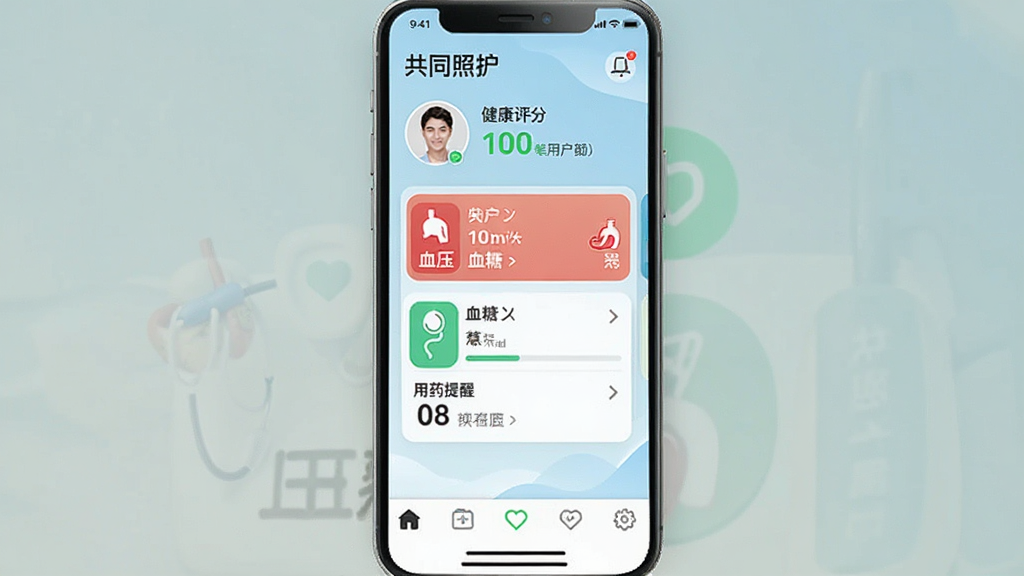 �ֻ���Ļչʾ����ͬ�ջ���App�����棬������ʾ�û�ͷ��ͽ������֣��м俨Ƭʽ����Ѫѹ��Ѫ�ǡ���ҩ��������ģ�飬�ײ�����������������Ϊ����ɫ���䣬������ִ������ʸɾ��޶���Ԫ��
