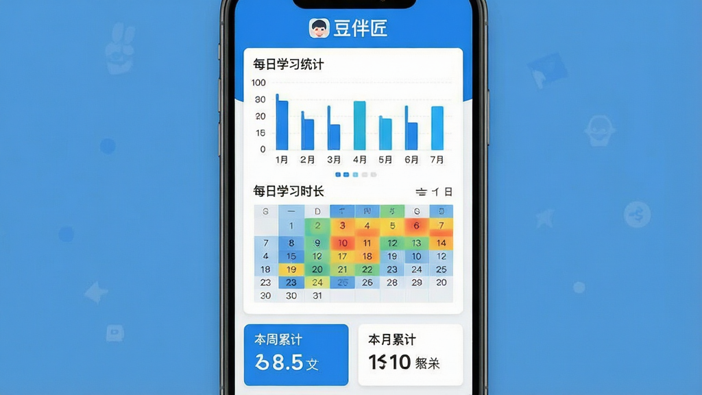 һ���ֻ������ͼ����ͼƬ��չʾ���齳App��ѧϰ����ͳ��ҳ�棬�����С����齳����ʶ���м�����״ͼ����������ͼ����ʾÿ��ѧϰʱ���ֲ����ײ��С������ۼơ��͡������ۼơ����ݿ�Ƭ������������Ϊ��ɫ������������������ִ���ƽ�����ʸɾ��޶���Ԫ��