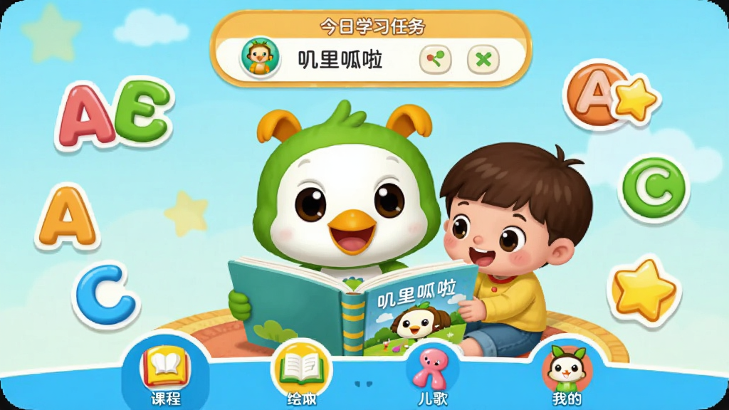 ߴ��������ͯӢ������App������չʾ����ͨ���ɫ���������ã�����������ߴ���������������ɺ�С����һ�𿴻汾����Χ������ĸABC������ͼ�꣬���ּ��������������ʾ����ѧϰ���񣬵ײ��пγ̡��汾�����衢�ҵ��ĸ���ǩ��������ɰ���ܰ�����ʸɾ��޶���Ԫ��