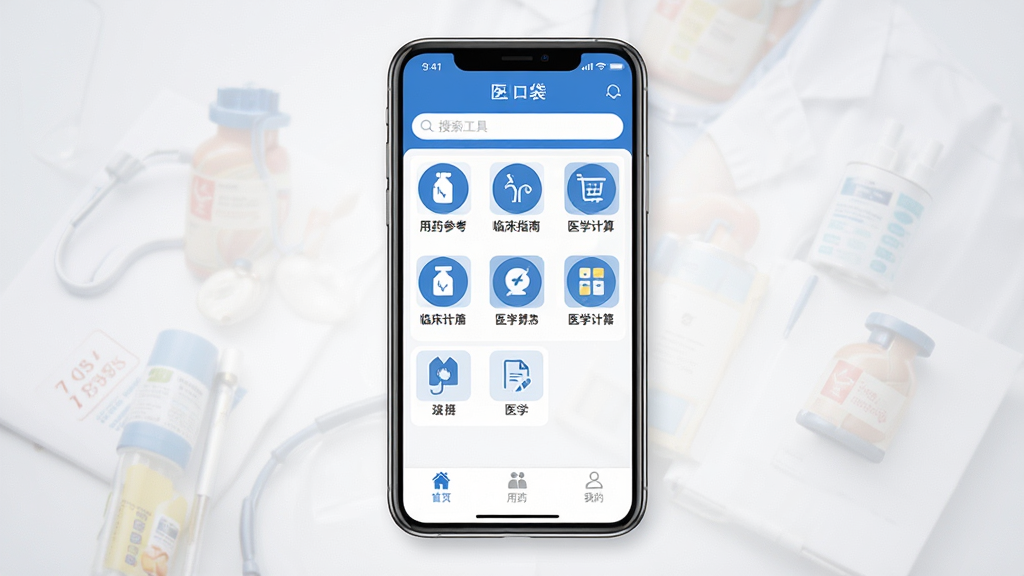 ҽ�ڴ�App������ȫòչʾ�������������ֻ���Ļ����Ļ����ʾҽ�ڴ�App��ҳ�����������������ɼ����м���ҽѧ����ͼ����󣬰�����ҩ�ο����ٴ�ָ�ϡ�ҽѧ�������ȣ��ײ�������Ϊ��ҳ����ҩ���ҵ�����ѡ�������������ɫ��Ϊ���������רҵ������Ϊ�ɾ���ǳ��ɫ���䣬�����������޶���Ԫ��