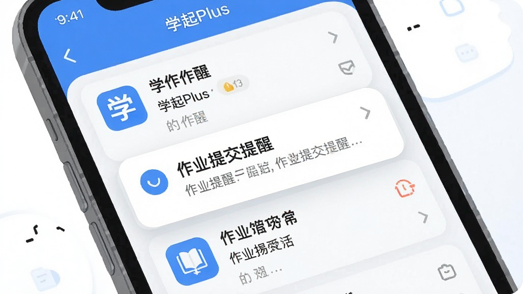 һ���ֻ������ͼ���Ĳ廭��չʾ��ѧ��Plus��APP����ҵ���ѹ��ܣ���Ļ�ϵ���һ��֪ͨ��Ƭ��д�š���ҵ�ύ���ѡ��������ǿγ��б���������Ƽ�࣬������ɫ��ͼ������������ɾ�������Ԫ��