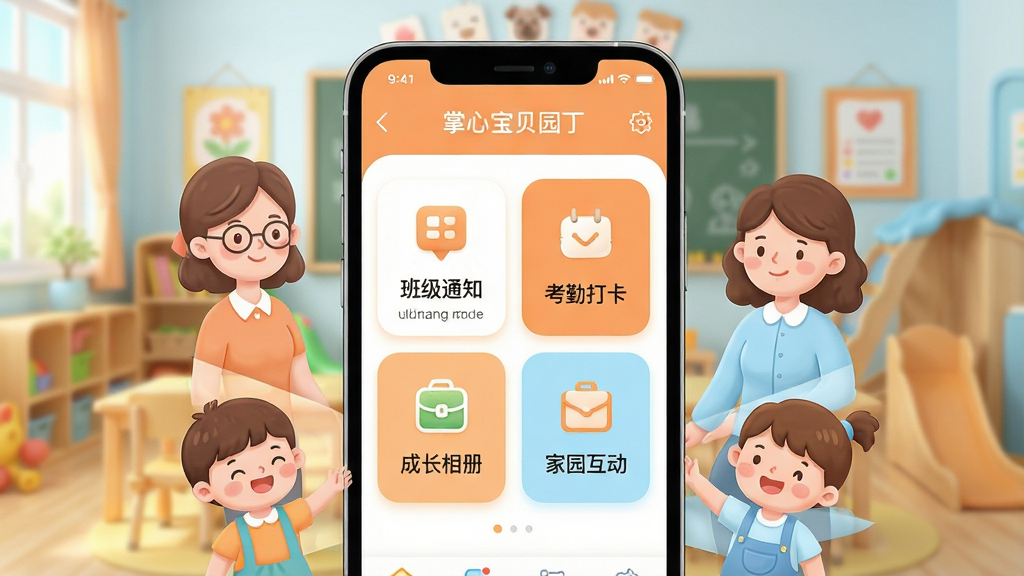 一张展示掌心宝贝园丁App核心功能的场景图,画面中央是一部智能手机,屏幕上显示着掌心宝贝园丁的首页界面,界面包含班级通知、考勤打卡、成长相册、家园互动四个主要功能卡片,手机周围环绕着幼儿园老师、家长和小朋友的卡通形象,整体布局采用中心放射式构图,风格温暖亲切,色彩以柔和的橙色和浅蓝色为主,细节上手机界面图标清晰圆润,背景是虚化的幼儿园教室场景,画质干净明亮,无多余元素