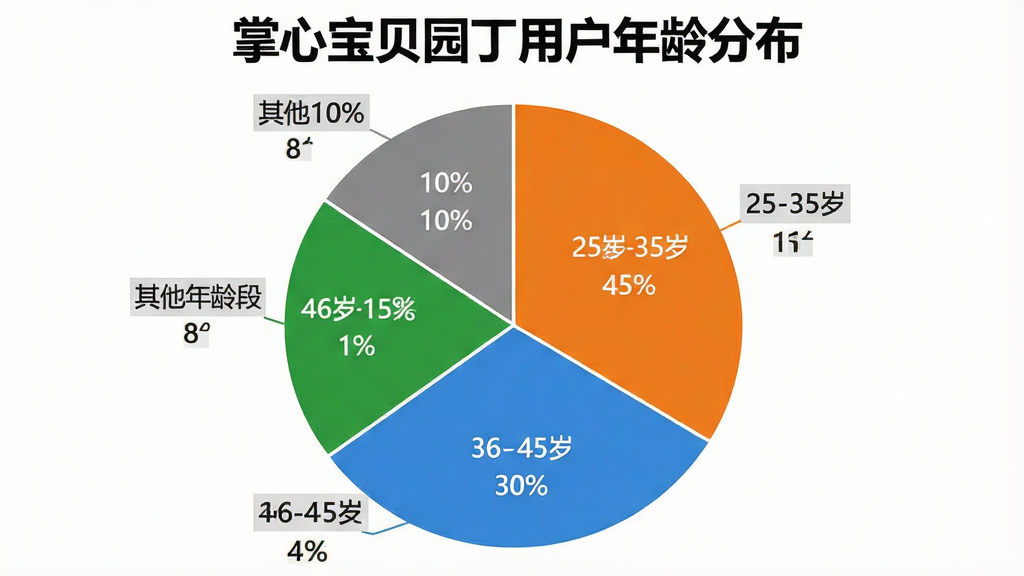 一张展示掌心宝贝园丁用户年龄分布的饼状图,图表标题为掌心宝贝园丁用户年龄分布,饼图分为四个扇区,25-35岁占比45%用橙色表示,36-45岁占比30%用蓝色表示,46岁以上占比15%用绿色表示,其他年龄段占比10%用灰色表示,每个扇区旁边标注清晰的百分比数字,布局居中,风格简洁商务,色彩对比鲜明,细节上扇区边界清晰,文字标注易读,画质干净锐利,无多余元素