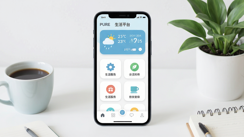 һ��չʾ��PURE ����ƽ̨���ֻ�Ӧ��������ĳ���ͼ������������һ�������ֻ�����Ļ����ʾ��ˬ�Ŀ�Ƭʽ���֣����������������ڣ��в������������ͼ�꣬�ײ�Ϊ����������Χ��׺��Լ���ճ���Ʒ�翧�ȱ�����ֲ������ִ���ƽ��ϸ��Բ�󣬻��ʸɾ����޶���Ԫ��