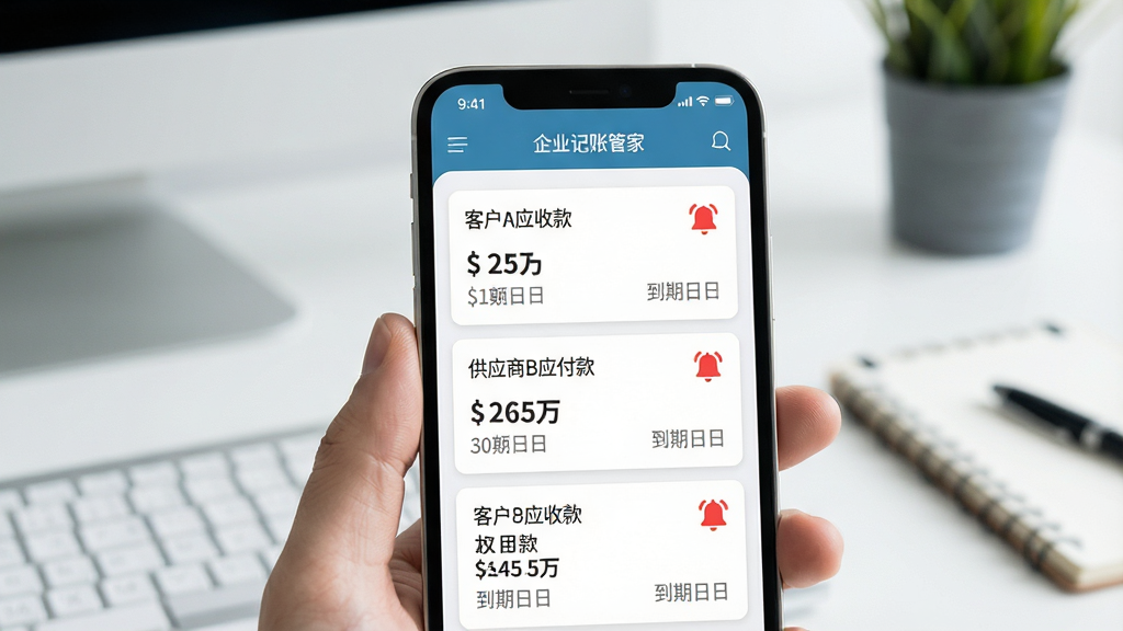 һ��չʾ��ҵ���˹ܼ�Ӧ��Ӧ�����ѹ��ܵ�ͼƬ���������ֻ���Ļ��ʾ��ҵ���˹ܼ�APP������ҳ�棬�ж����������Ƭ���ֱ��ע�ͻ�AӦ�տ��Ӧ��BӦ���ÿ����¼�н��͵����գ��к�ɫ����ͼ���ʾ���ѣ������Ǽ������������棬���岼������������ִ���ƽ��ϸ�ڷḻ�����ʸɾ����޶���Ԫ��
