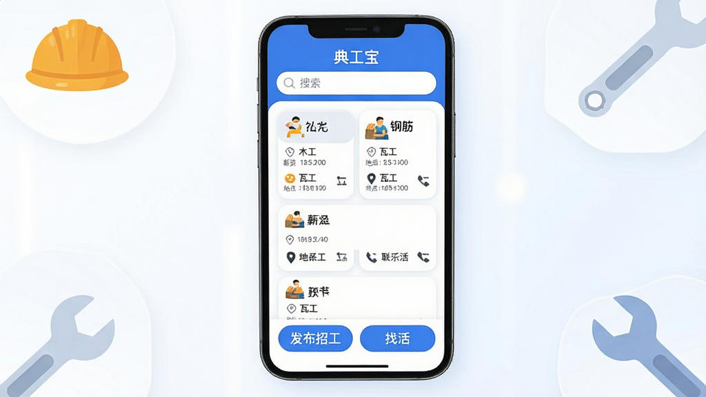�ֻ���Ļ����չʾ�����������ǡ��乤����APP�Ľ��棬���������������м����й���Ϣ�б�������ľ�����߹����ֽ�ȸ�λ��Ƭ��ÿ����Ƭ����н�ʡ��ص����ϵ�绰ͼ�꣬�ײ��з����й����һ�������ť�����岼��������������ɫΪ��������ִ���ƽ��ϸ��Բ�󣬻��ʸɾ��޶���Ԫ�أ��ֻ���Χ�е����Ĺ���ͼ���׺�簲ȫñ�����֣������������