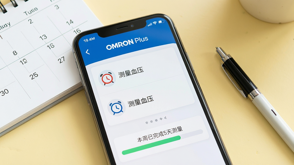 һ��չʾOMRON Plus�������ѹ��ܵ��ֻ������ͼ���ֻ���Ļ����ʾ�š�OMRON Plus��App����������ҳ�棬ҳ����������7�������8�������ͼ�꣬�Ա߱�ע�š�����Ѫѹ�����֡��ֻ���Ļ�·���һ������������ʾ�����������5��������������ֻ��Ա߷���һ��������һ֧�ʣ���ʾ�ƻ�������������ǳ��ɫ���棬��������ܰ���ճ�������������ʸɾ����޶���Ԫ�ء�