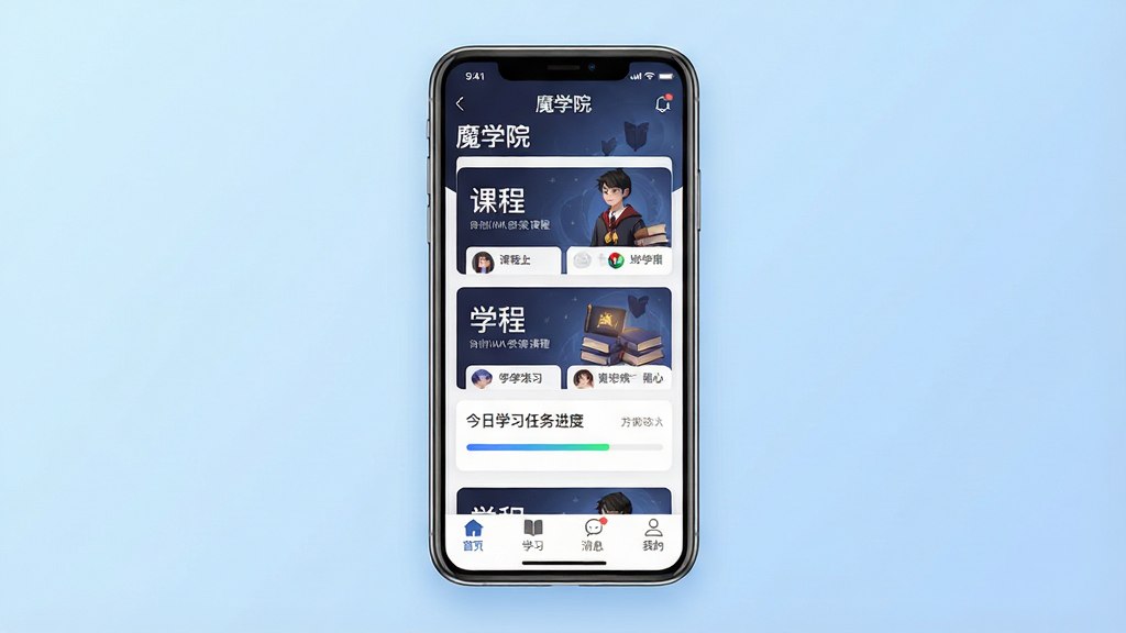 һ��չʾħѧԺApp���Ľ�����ֻ�����ͼ������������һ�������ֻ�����Ļ����ʾħѧԺApp��ҳ�������С�ħѧԺ�����ֱ�ʶ���м��ǿγ̿�Ƭ�б��ͽ���ѧϰ������������ײ��С���ҳ����ѧϰ������Ϣ�����ҵġ��ĸ�����ͼ�꣬������ǳ��ɫ���䣬����ִ���࣬ϸ�����������ʸɾ����޶���Ԫ�ء�