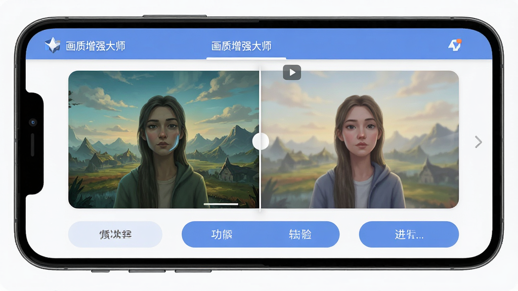 手机屏幕展示画质增强大师软件界面,主体为软件主界面,布局为顶部标题栏、中间对比预览区、底部功能按钮,排版简洁,风格现代扁平,细节圆润,画面中清晰显示文字“画质增强大师”,画质高清,干净,无多余元素