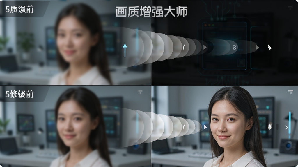 画质增强大师软件功能演示图,主体为AI超分辨率处理前后的对比画面,布局为左右分屏对比,排版上方是原图下方是修复图,风格写实科技感,细节展示照片从模糊到清晰的渐变过程,画面中带有文字“画质增强大师”,画质高清,干净,无多余元素