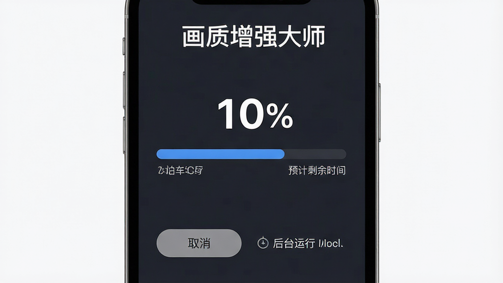 画质增强大师操作指南示意图,主体为手机屏幕显示软件处理进度条,布局为居中显示进度百分比和预计剩余时间,排版简洁,风格扁平化,细节展示取消按钮和后台运行提示,画面中带有文字“画质增强大师”,画质高清,干净,无多余元素