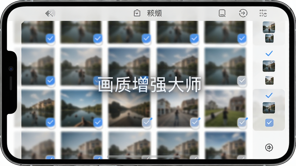 画质增强大师批量处理界面,主体为手机相册多选界面,布局为网格状图片排列,排版整齐,风格简洁明快,细节展示多张模糊照片被勾选后进入处理队列,画面中带有文字“画质增强大师”,画质高清,干净,无多余元素